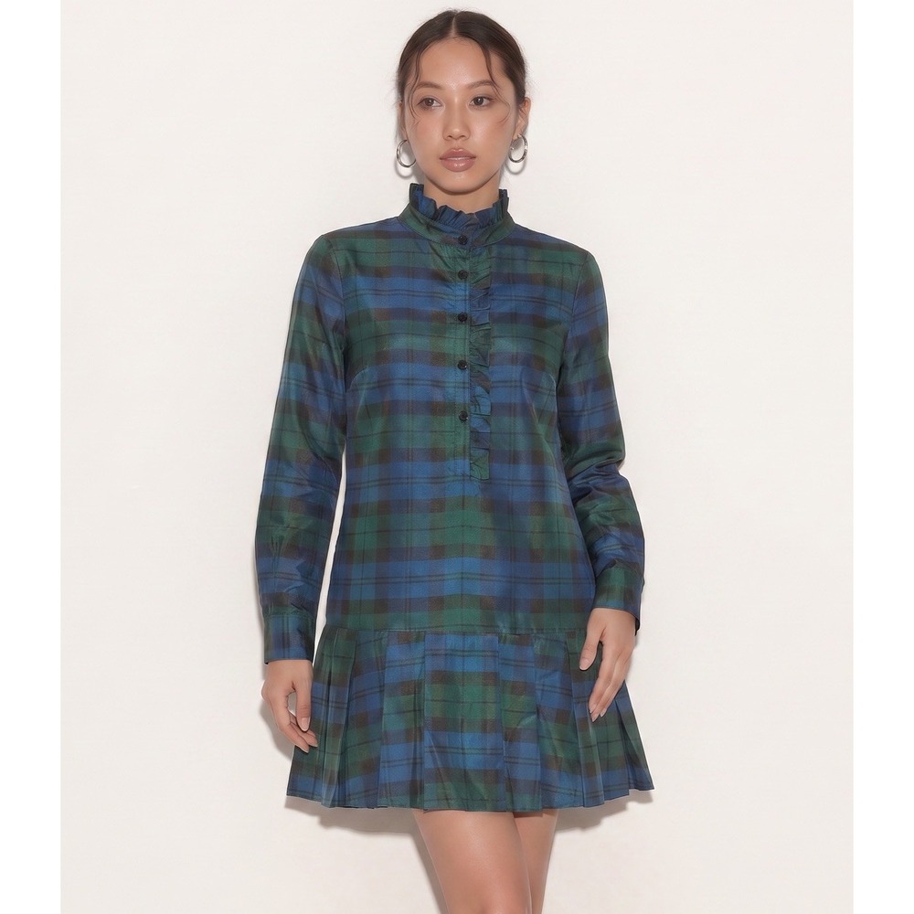 Tuckernuck Tate Dress Women's Small Blackwatch Plaid Preppy High Neck Ruffle